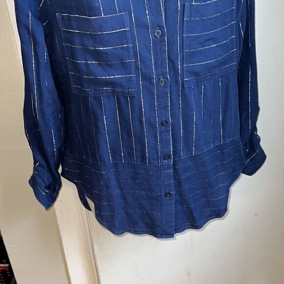 ANTHRO CLOTH & STONE Metallic Striped Linen Blend Blouse-S - Picture 4 of 10